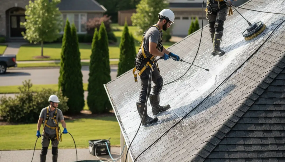 Virginia Beach, VA roof cleaning service removing algae and moss from a home roof